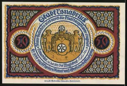 Notgeld Osnabrück, 1921, 50 Pfennig, Vorderseite Waterlootor und Rückseite Wappen und Inschrift