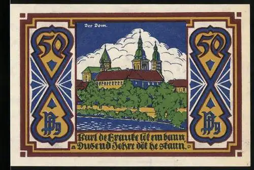 Notgeld Osnabrück, 1921, 50 Pfennig, Dom und Stadtwappen mit Löwenfiguren