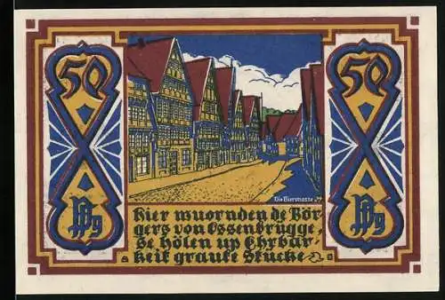 Notgeld Osnabrück, 1921, 50 Pfennig, Altstadt mit Fachwerkhäusern und Stadtwappen mit Löwen und drei Rädern