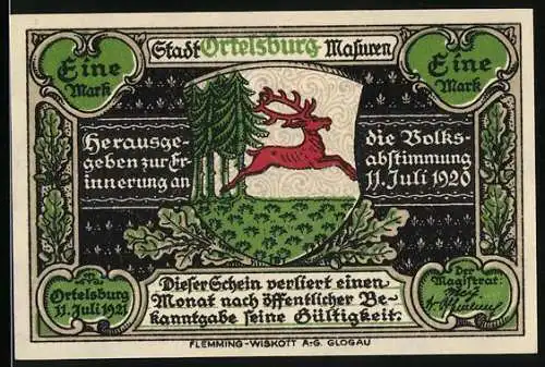 Notgeld Ortelsburg 1920, Eine Mark, Herausgegeben zur Erinnerung an die Volksabstimmung 11. Juli 1920, Stadtansicht 1934