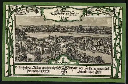 Notgeld Ortelsburg 1920, Eine Mark, Herausgegeben zur Erinnerung an die Volksabstimmung 11. Juli 1920, Stadtansicht 1934