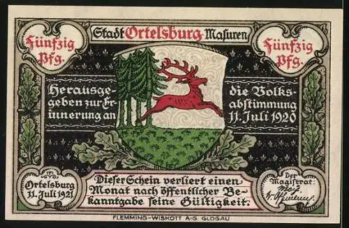 Notgeld Ortelsburg 1921, 50 Pfennig, Erinnerung an die Volksabstimmung 11. Juli 1920, Stadtansicht und Wappen