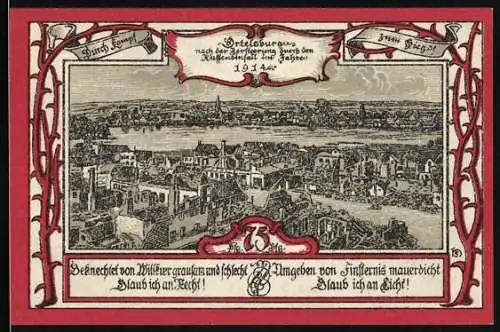 Notgeld Ortelsburg 1921, 75 Pfennig, Stadtansicht und Hirsch-Wappen