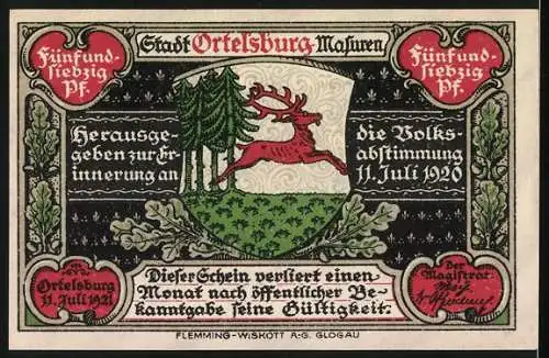 Notgeld Ortelsburg 1921, 75 Pfennig, Stadtansicht und Hirsch-Wappen