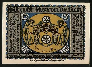 Notgeld Osnabrück, 1921, 5 Pfennig, Ayrs-Denkmal und Stadtwappen mit Löwen