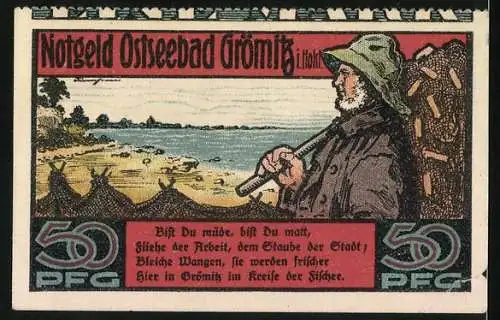 Notgeld Ostseebad Grömitz 1921, 50 Pfg, Ansicht des Ortes und Fischer am Strand