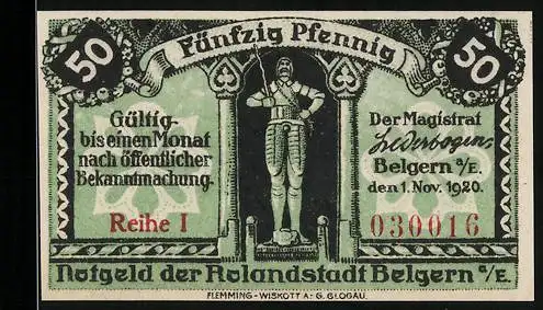 Notgeld Belgern 1920, 50 Pfennig, Rolandstatue und Elbszene