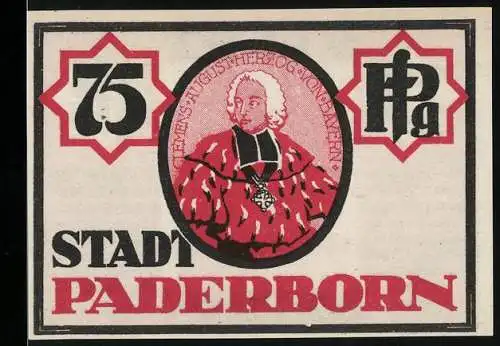 Notgeld Paderborn, 1921, 75 Pfennig, Stadtwappen und Figurenabbildung