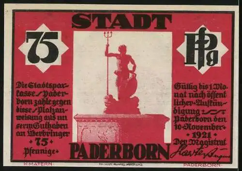 Notgeld Paderborn, 1921, 75 Pfennig, Stadtwappen und Figurenabbildung