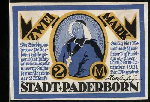 Notgeld Paderborn, 1921, Zwei Mark, Ferdinand von Fürstenberg und Stadtansicht