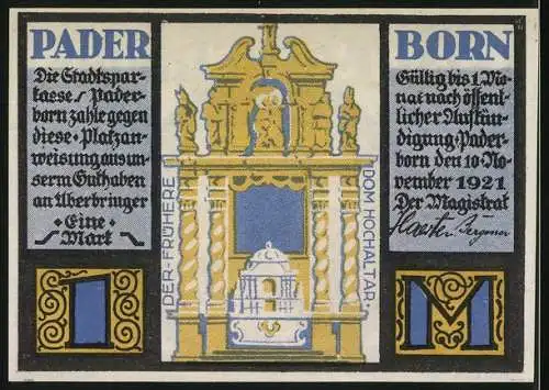 Notgeld Paderborn, 1921, 1 Mark, Stadtwappen und Dom Hochaltar