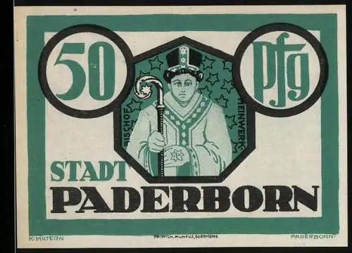 Notgeld Paderborn 1921, 50 Pfennig, Bischof Meinwerk und Dom zu Paderborn