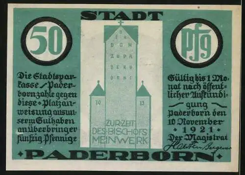 Notgeld Paderborn 1921, 50 Pfennig, Bischof Meinwerk und Dom zu Paderborn