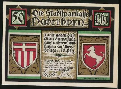 Notgeld Paderborn, 1921, 50 Pf, Empfang des Papstes Leo III. durch Kaiser Karl D. Gr. in Paderborn 799, Stadtwappen