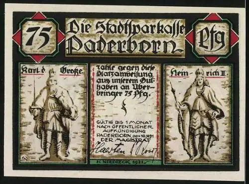 Notgeld Paderborn, 1921, 75 Pfennig, Krönung der Kaiserin Kunigunde und Stadtsparkasse