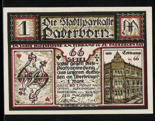 Notgeld Paderborn 1921, 1 Mark, Stadtsparkasse Paderborn, Spielkarte und Gebäude, historische Beschreibung