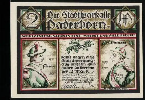 Notgeld Paderborn 1921, 2 Mark, Schützenfest, Aufzug der Königin, Ferreau und Löffelmann