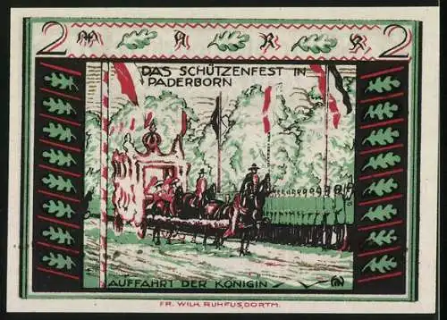 Notgeld Paderborn 1921, 2 Mark, Schützenfest, Aufzug der Königin, Ferreau und Löffelmann