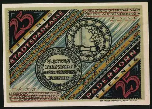 Notgeld Paderborn, 1921, 25 Pfennig, Stadt Sparkasse mit historischen Figuren und Münzen