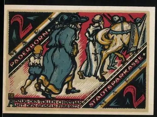 Notgeld Paderborn, 1921, 2 Mark, Abzug des tollen Christian mit den Geiseln, Stadtsparkasse