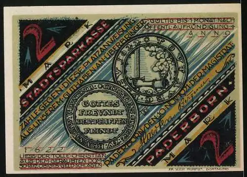 Notgeld Paderborn, 1921, 2 Mark, Abzug des tollen Christian mit den Geiseln, Stadtsparkasse