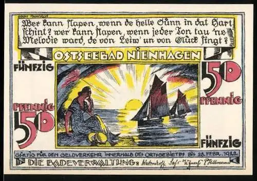 Notgeld Ostseebad Nienhagen, 1921, 50 Pfennig, Badeverwaltung und Küstenlandschaft mit Booten