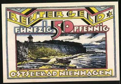 Notgeld Ostseebad Nienhagen, 1921, 50 Pfennig, Badeverwaltung und Küstenlandschaft mit Booten