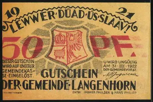 Notgeld Langenhorn, 1921, 50 Pfennig, Landschaft mit Häusern und Ortswappen