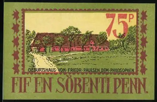 Notgeld Langenhorn, 1921, 75 Pfennig, Geburtshaus von Friedrich Paulsen, Gutschein der Gemeinde Langenhorn