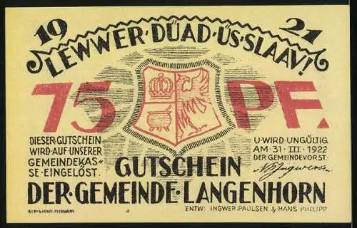 Notgeld Langenhorn, 1921, 75 Pfennig, Geburtshaus von Friedrich Paulsen, Gutschein der Gemeinde Langenhorn