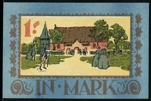 Notgeld Langenhorn, 1921, 1 Mark, Gutschein der Gemeinde Langenhorn mit Wappen und Gebäudeillustration