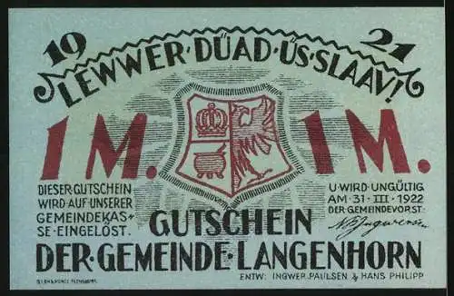 Notgeld Langenhorn, 1921, 1 Mark, Gutschein der Gemeinde Langenhorn mit Wappen und Gebäudeillustration