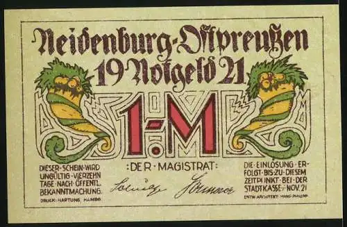 Notgeld Neidenburg, 1921, 1 Mark, Konsumverein und Magistrat