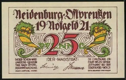 Notgeld Neidenburg, 1921, 25 Pfennig, Die Neidenburg erbaut im XIV. Jahrhundert