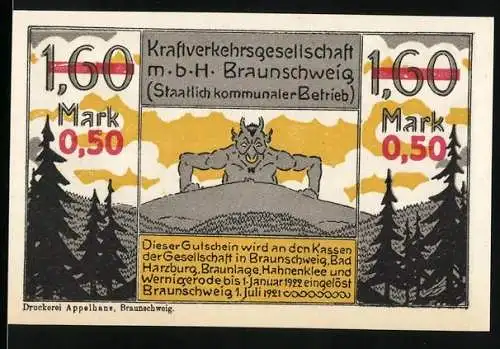 Notgeld Braunschweig 1921, 1.60 Mark überstempelt zu 50 Pf, Kraftverkehrsgesellschaft m.b.H. mit Illustrationen und Text