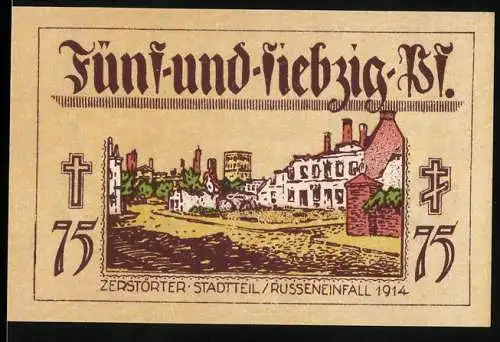 Notgeld Neidenburg, 1921, 75 Pfennig, zerstörter Stadtteil /Russeneinfall 1914