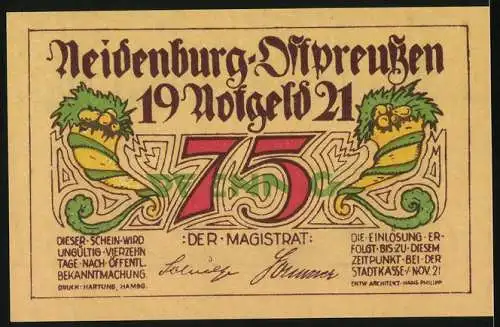 Notgeld Neidenburg, 1921, 75 Pfennig, zerstörter Stadtteil /Russeneinfall 1914