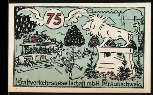 Notgeld Braunschweig, 1921, 75 Pfennig, Kraftverkehrsgesellschaft m.b.H. mit Löwenstatue und Bus