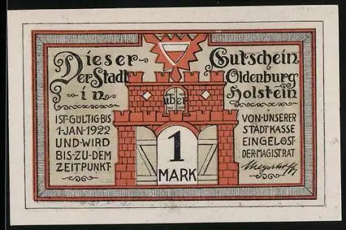 Notgeld Oldenburg Holstein, 1922, 1 Mark, Stadtansicht mit Architektur und Arbeitersilhouetten