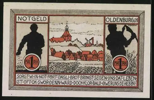 Notgeld Oldenburg Holstein, 1922, 1 Mark, Stadtansicht mit Architektur und Arbeitersilhouetten