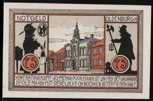 Notgeld Oldenburg 1922, 75 Pfennig, Rathaus und Stadtwappen mit burgähnlichem Tor