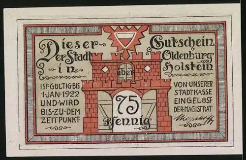 Notgeld Oldenburg 1922, 75 Pfennig, Rathaus und Stadtwappen mit burgähnlichem Tor