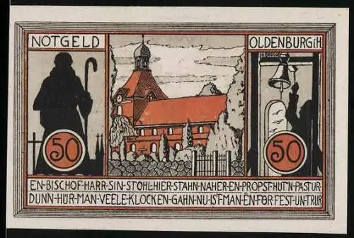 Notgeld Oldenburg i. Holstein 1922, 50 Pfennig, Kirche und Tor, Gültig bis 1. Jan. 1922