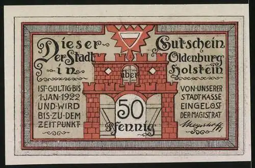 Notgeld Oldenburg i. Holstein 1922, 50 Pfennig, Kirche und Tor, Gültig bis 1. Jan. 1922