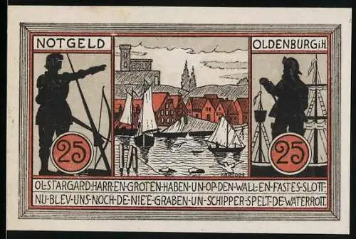 Notgeld Oldenburg 1921, 25 Pfennig, Stadtansicht mit Segelschiffen und historischen Gebäuden