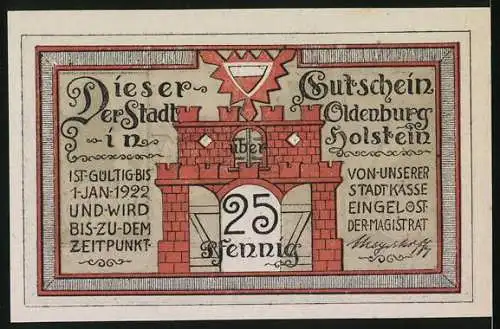 Notgeld Oldenburg 1921, 25 Pfennig, Stadtansicht mit Segelschiffen und historischen Gebäuden