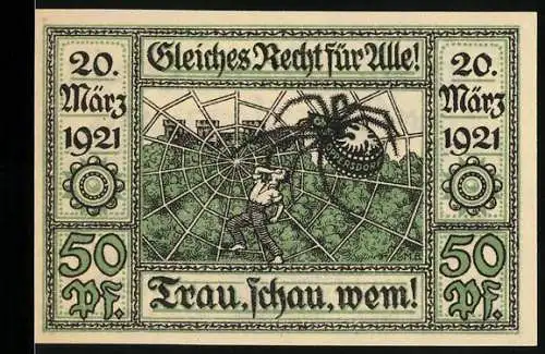 Notgeld Oberglogau 1921, 50 Pf, Gleiches Recht für Alle, Trau schau, wem!