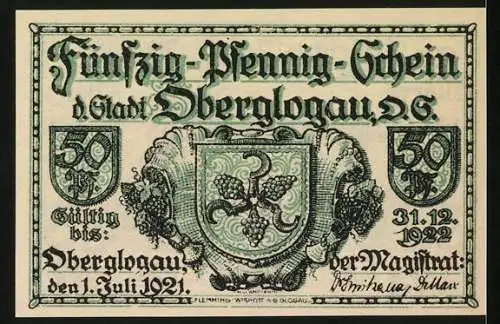 Notgeld Oberglogau 1921, 50 Pf, Gleiches Recht für Alle, Trau schau, wem!