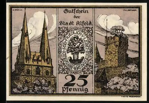 Notgeld Alfeld, 1921, 25 Pfennig, Kirche St. Nicolai und Füllenturm, Ausgabe durch Magistrat und Bürgervertreter