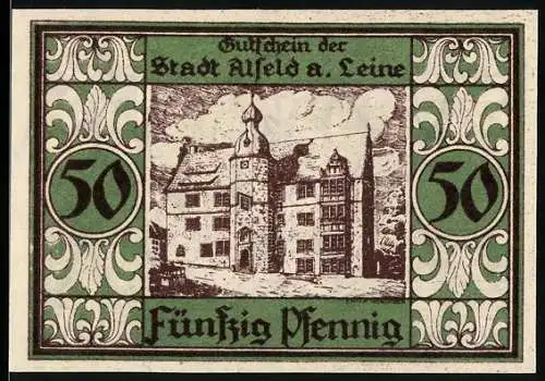 Notgeld Alfeld a. d. Leine, 1921, 50 Pfennig, Stadtansicht und Bischofsmotiv